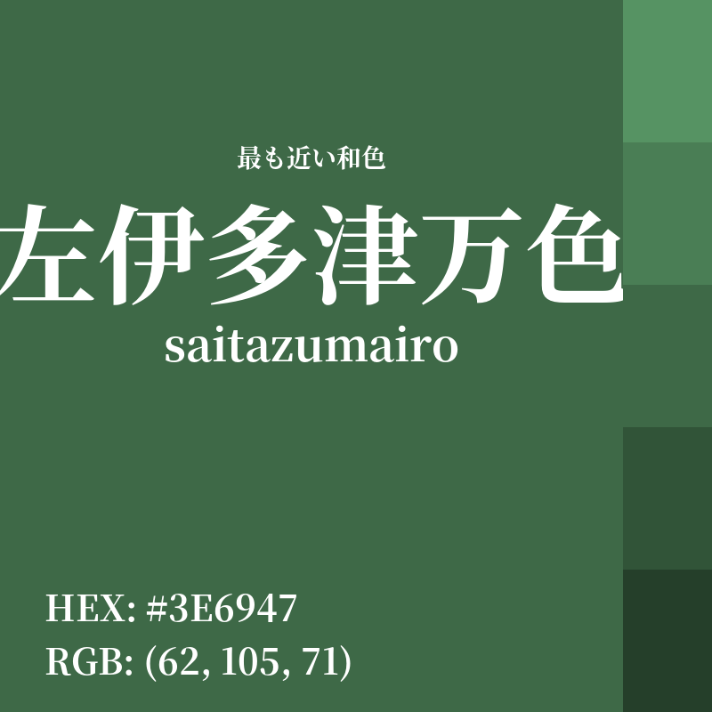 #3E6947 : 最も近い和色「左伊多津万色 (saitazumairo)」